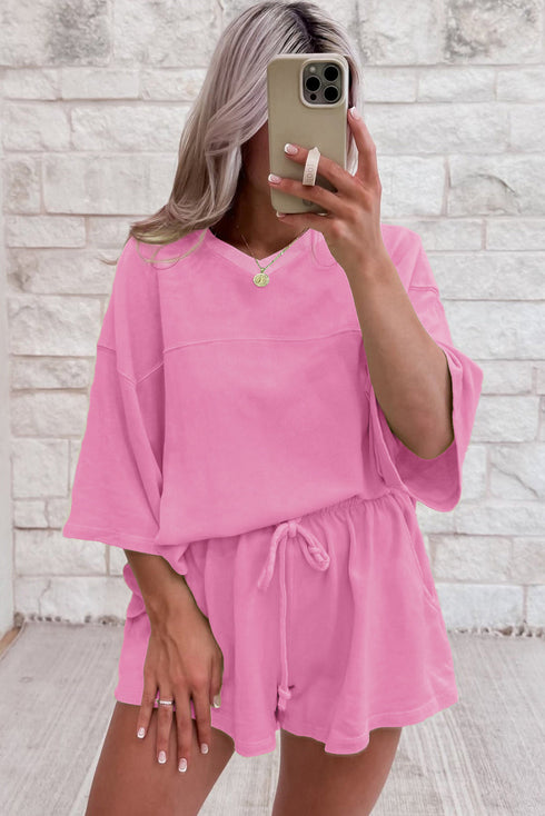 Relaxed Fit V Neck Drawstring Lounge Shorts Set